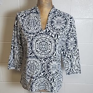 Navy & White Cotton Stretch 3/4 Tee Shirt with SilverNeckline Accents